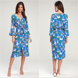 Lulu’s April Blue & Pink Floral Print Button Front Midi Dress Size Medium